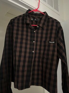 SZ L Volcom Women’s Brown and Black Plaid Button-Down Shirt
